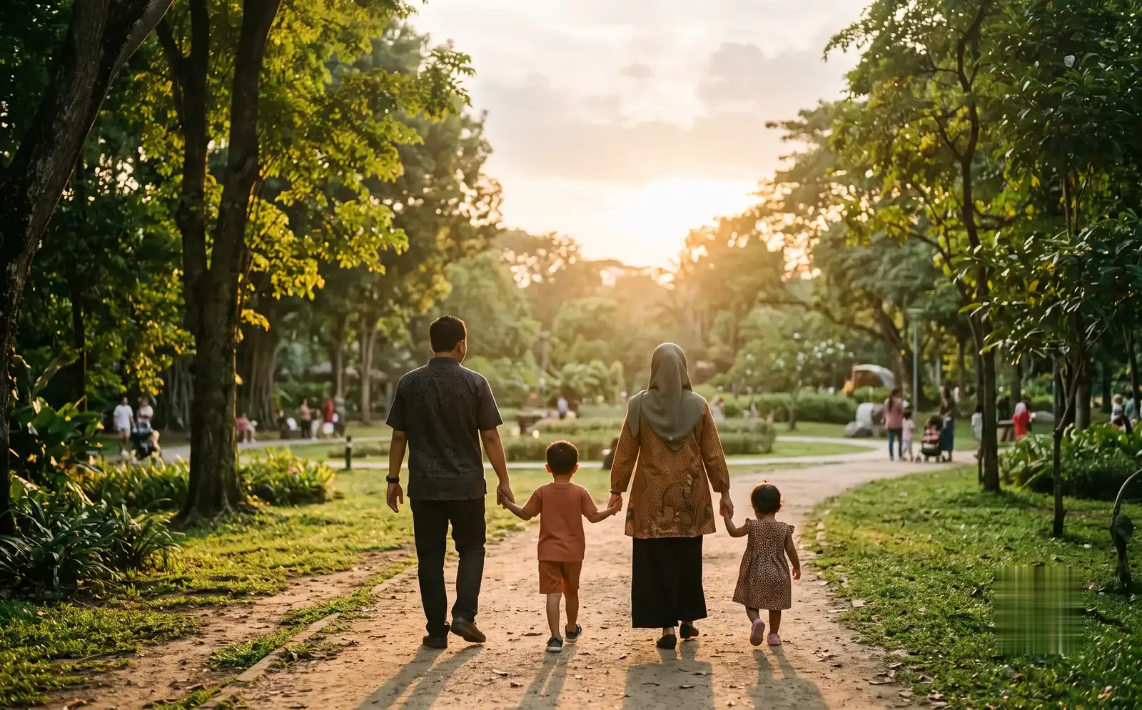 Keluarga muda dengan anak kecil berjalan bersama di taman saat senja