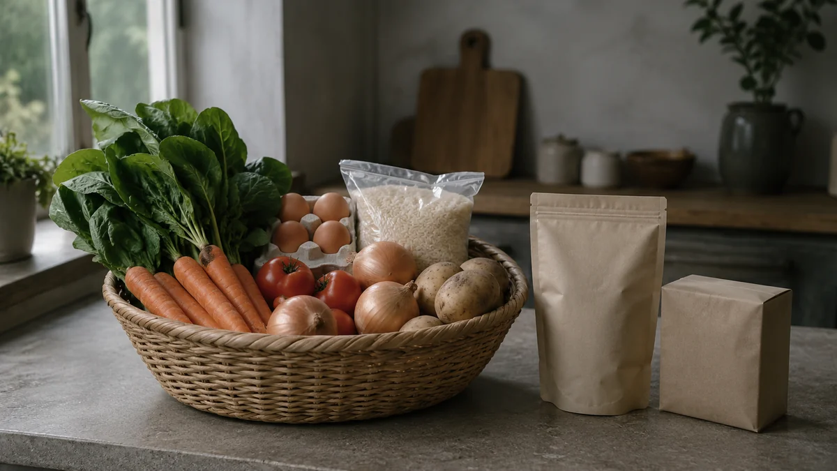 Keranjang belanja berisi sayur dan bahan makanan pokok di sebelah kopi kemasan dan barang non-pokok di meja dapur