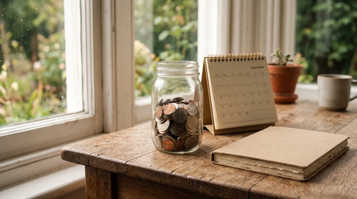 Toples kaca berisi koin di samping kalender dan buku catatan