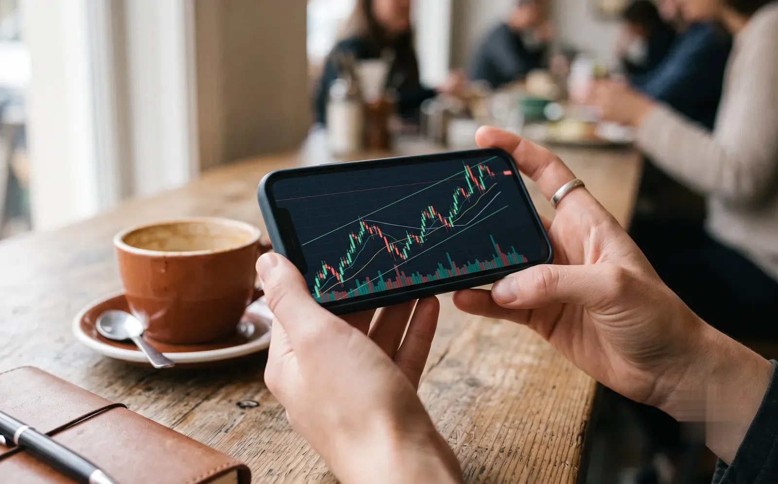 Tangan memegang ponsel menampilkan grafik candlestick untuk belajar saham