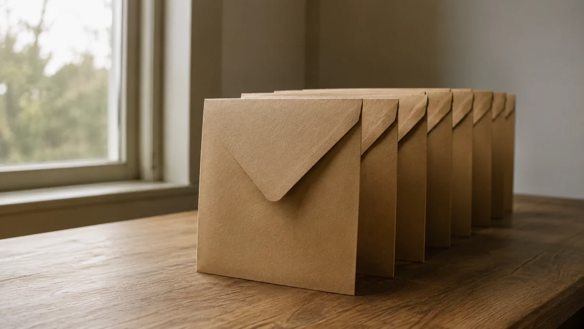 Beberapa amplop kertas cokelat tertata berjajar di atas permukaan meja kayu