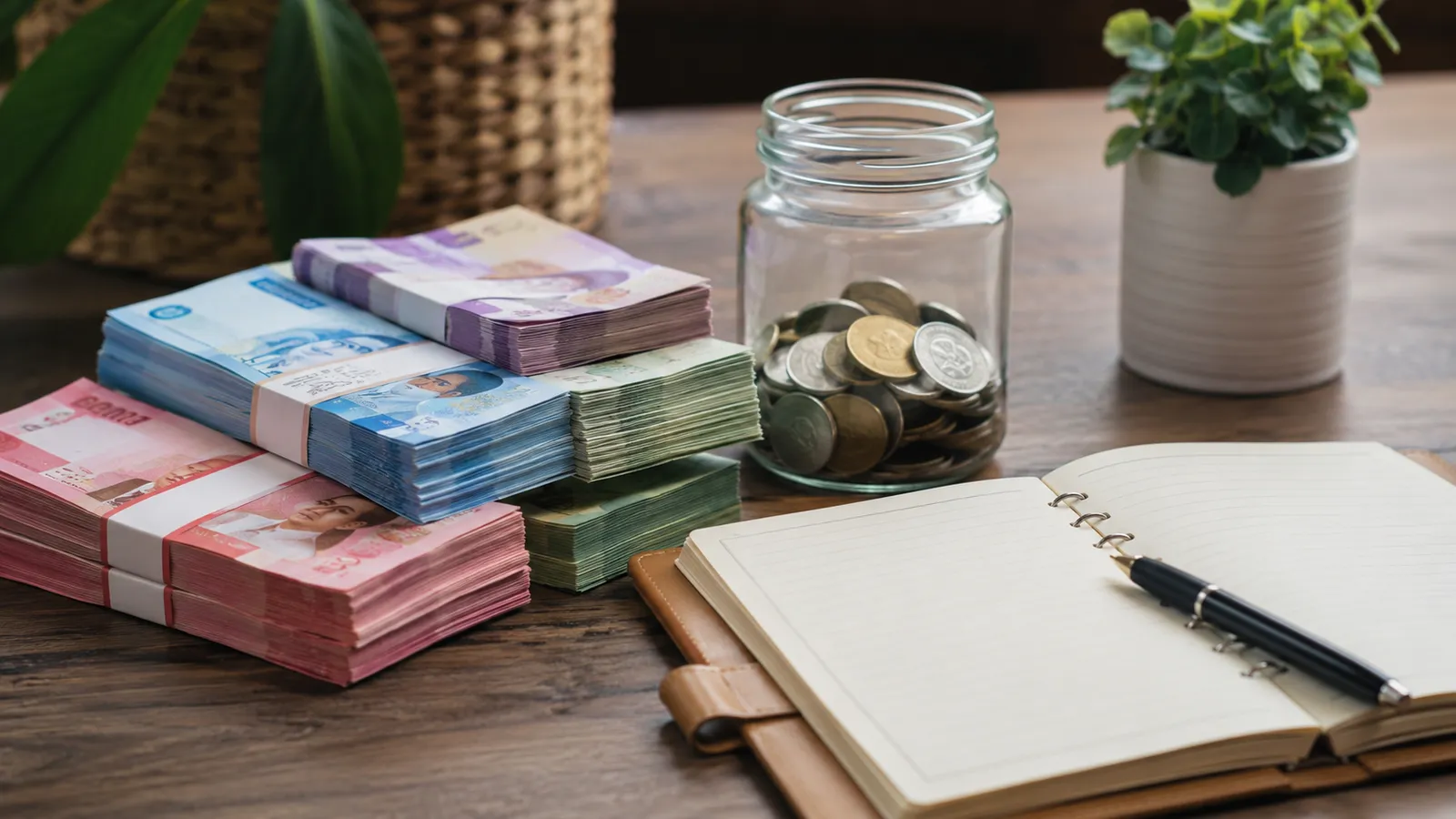 Tumpukan uang rupiah dengan toples dan buku perencana di meja kerja