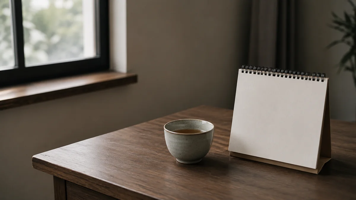 Kalender meja dan secangkir teh diletakkan di sudut meja kerja kayu