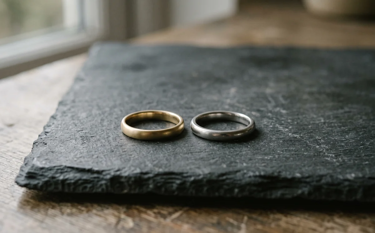 Cincin emas ditimbang di timbangan digital berdampingan dengan surat pembelian dan kalkulator