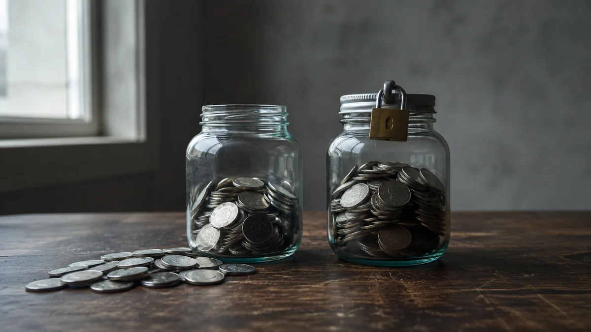 Dua toples kaca berdampingan, satu terbuka dengan koin tercecer di sisinya dan satu tertutup gembok