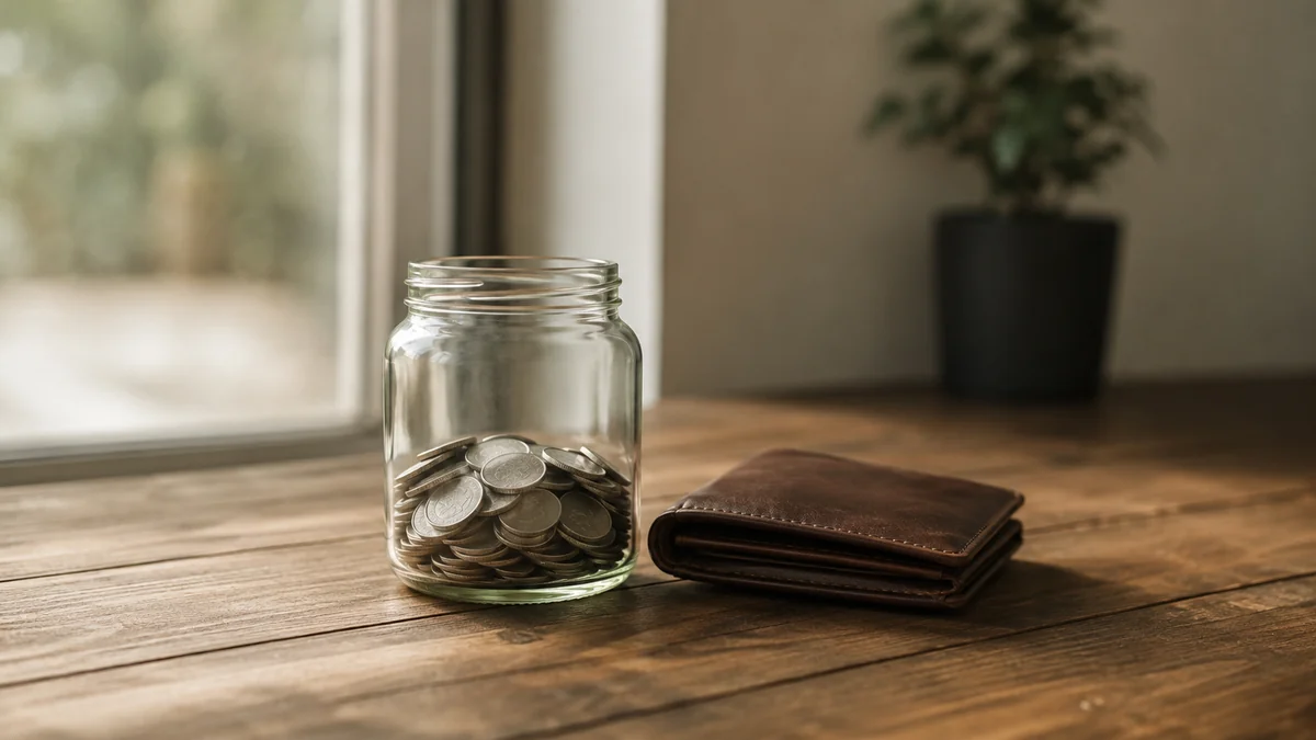 Toples kaca berisi koin logam di samping dompet kulit cokelat