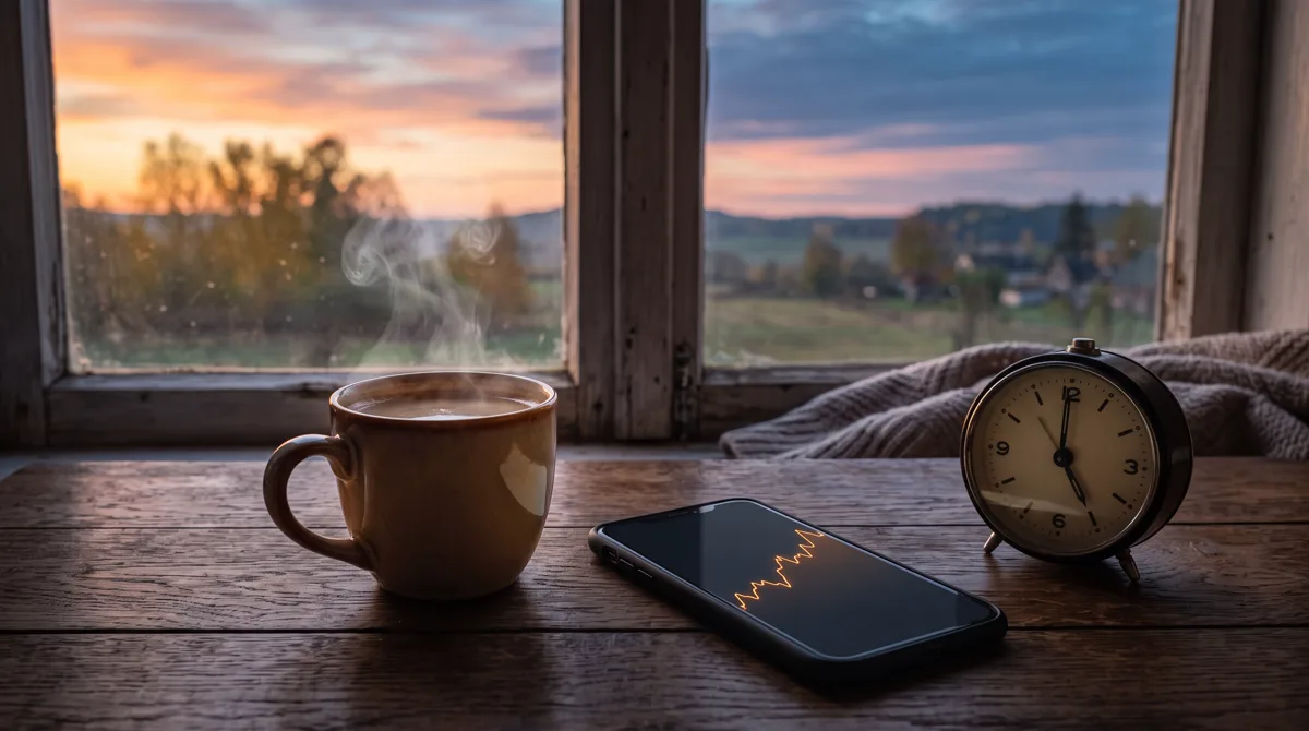 Suasana pagi dengan kopi, ponsel menampilkan grafik, dan jam kecil menjelang pembukaan bursa