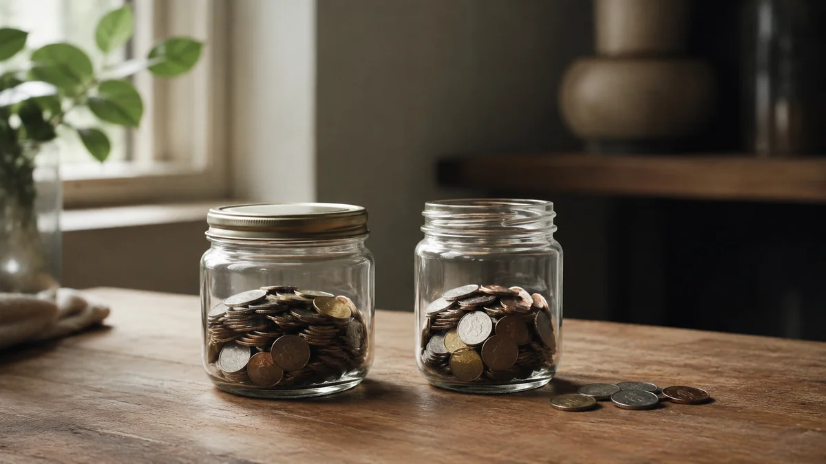 Dua toples kaca berisi koin di meja kayu, satu tertutup rapat dan satu terbuka