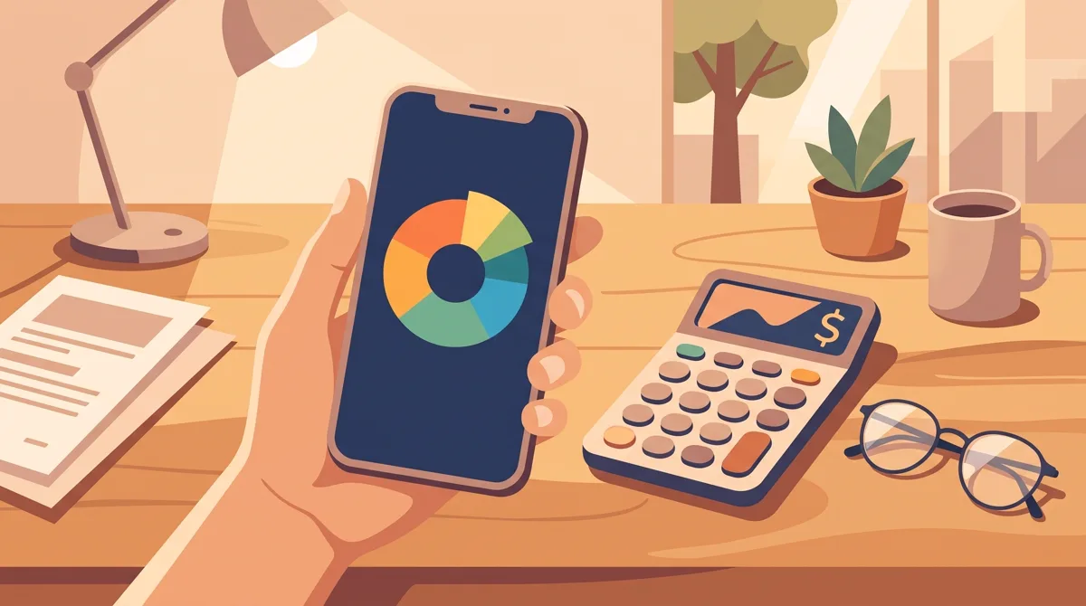 Tangan memegang smartphone menampilkan diagram lingkaran komposisi investasi dengan kalkulator dan kacamata di meja